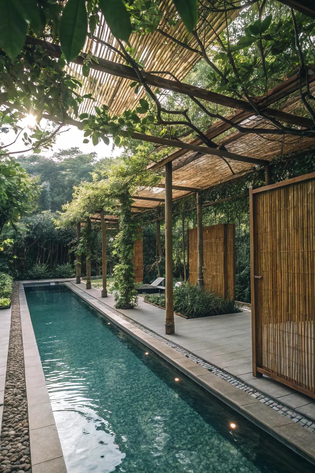 Natural elements usher in tranquility and shade to poolside environments.