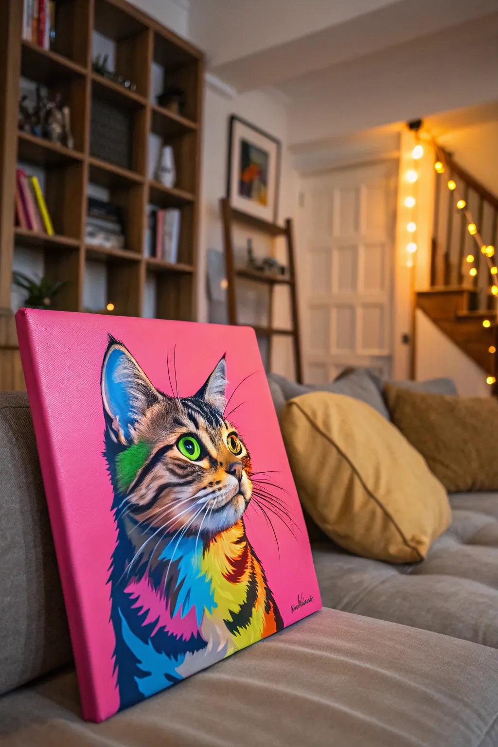 A funny pop art painting of a cat with a vibrant background.