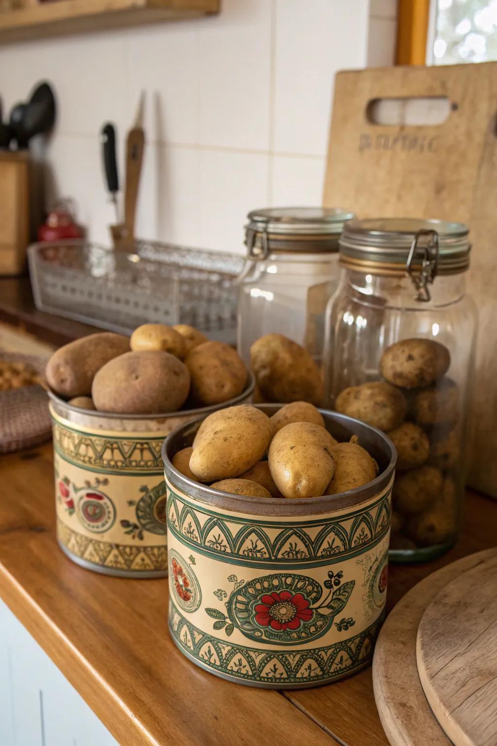 Varied holders provide a vintage look to potato storage.