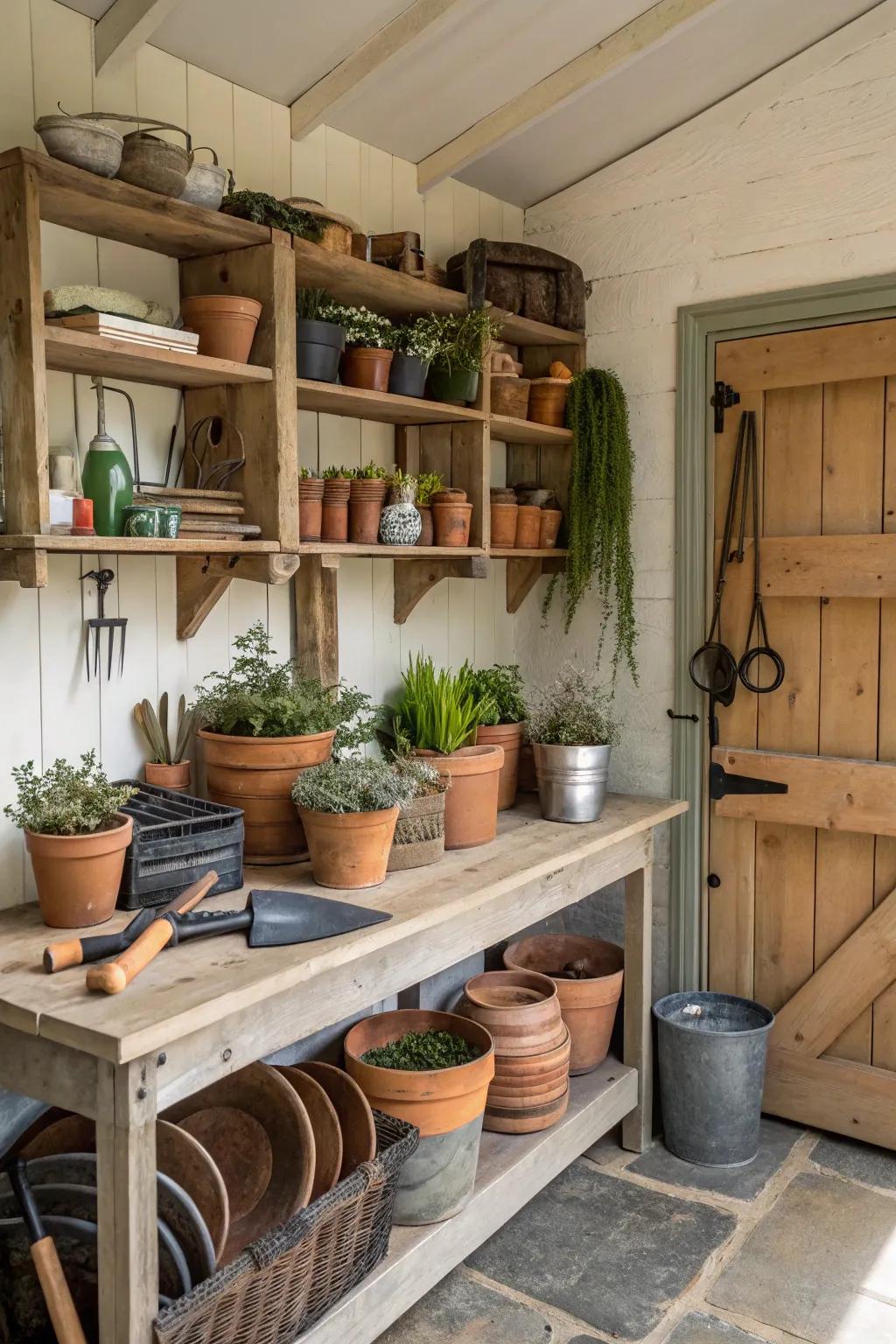 A practical workspace designed for gardening activities within the potting shed.