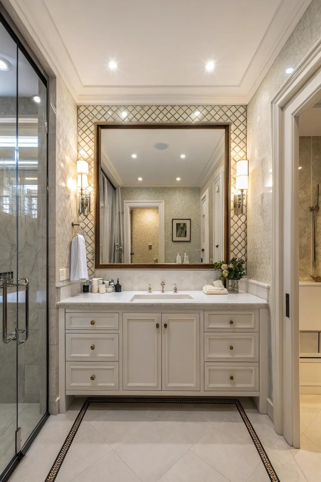 A washroom featuring a broad mirror that infuses grace and dimension.