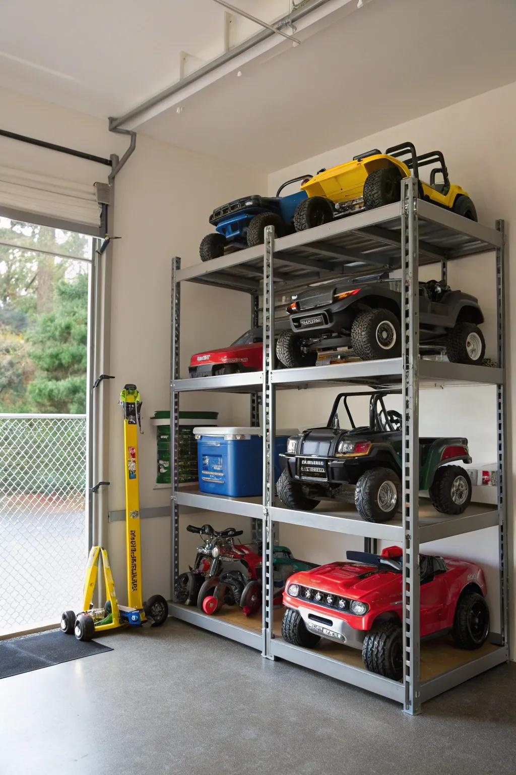 Tiered stacking racks maximizing vertical storage for electric ride-ons.