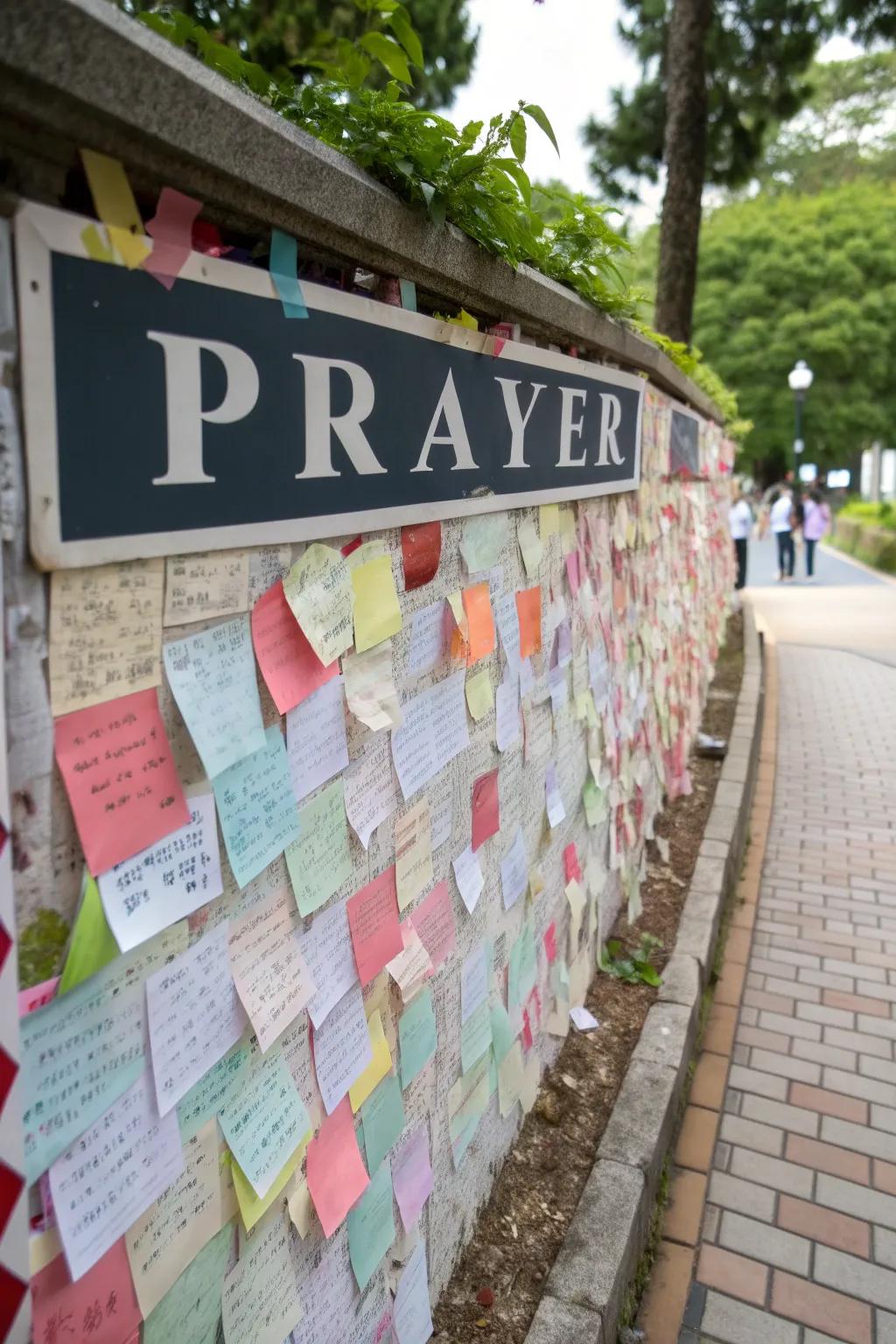 A prayer wall with a welcoming and succinct 'PRAYER' sign.
