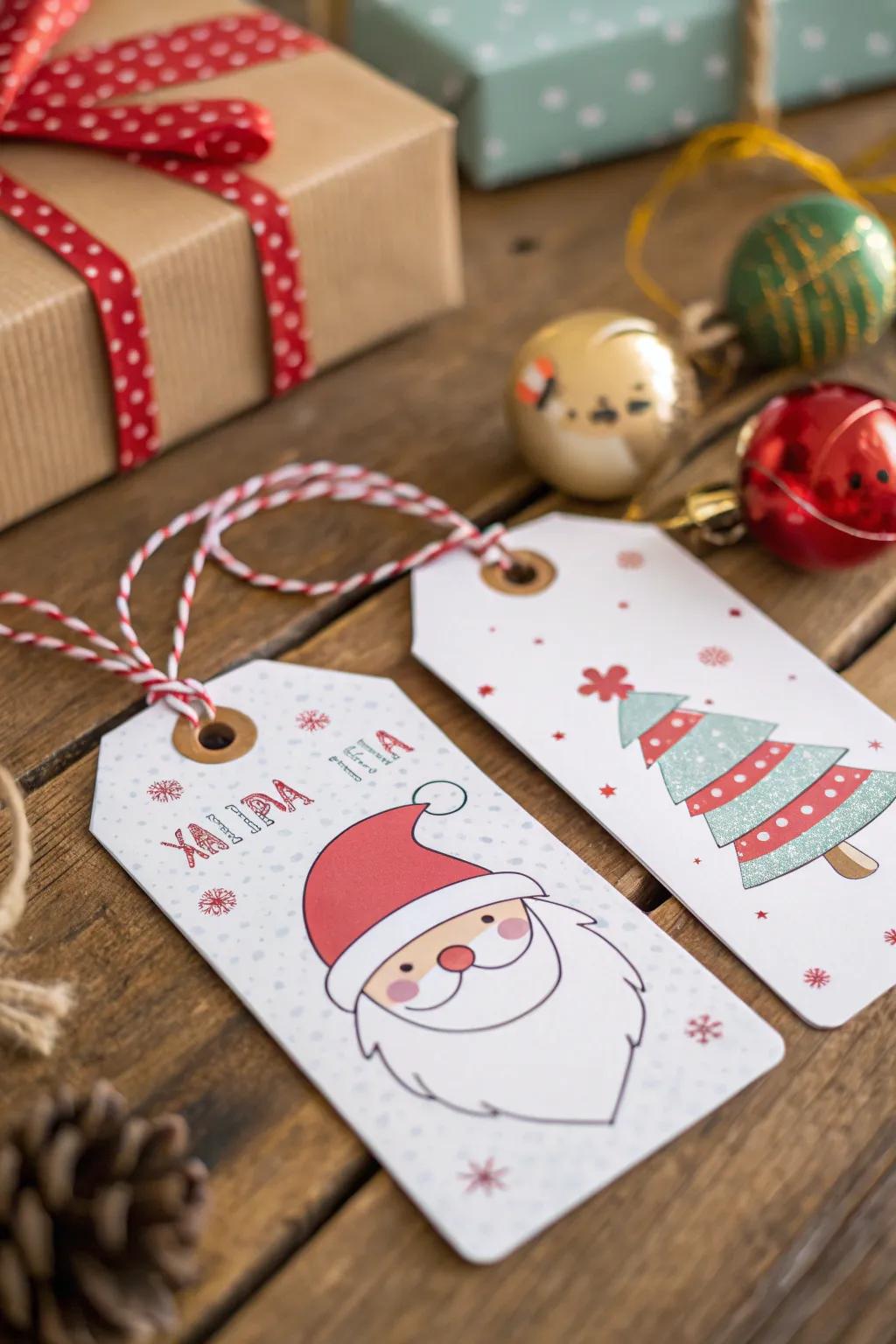 Charming festive present markers prepared for dispensing.
