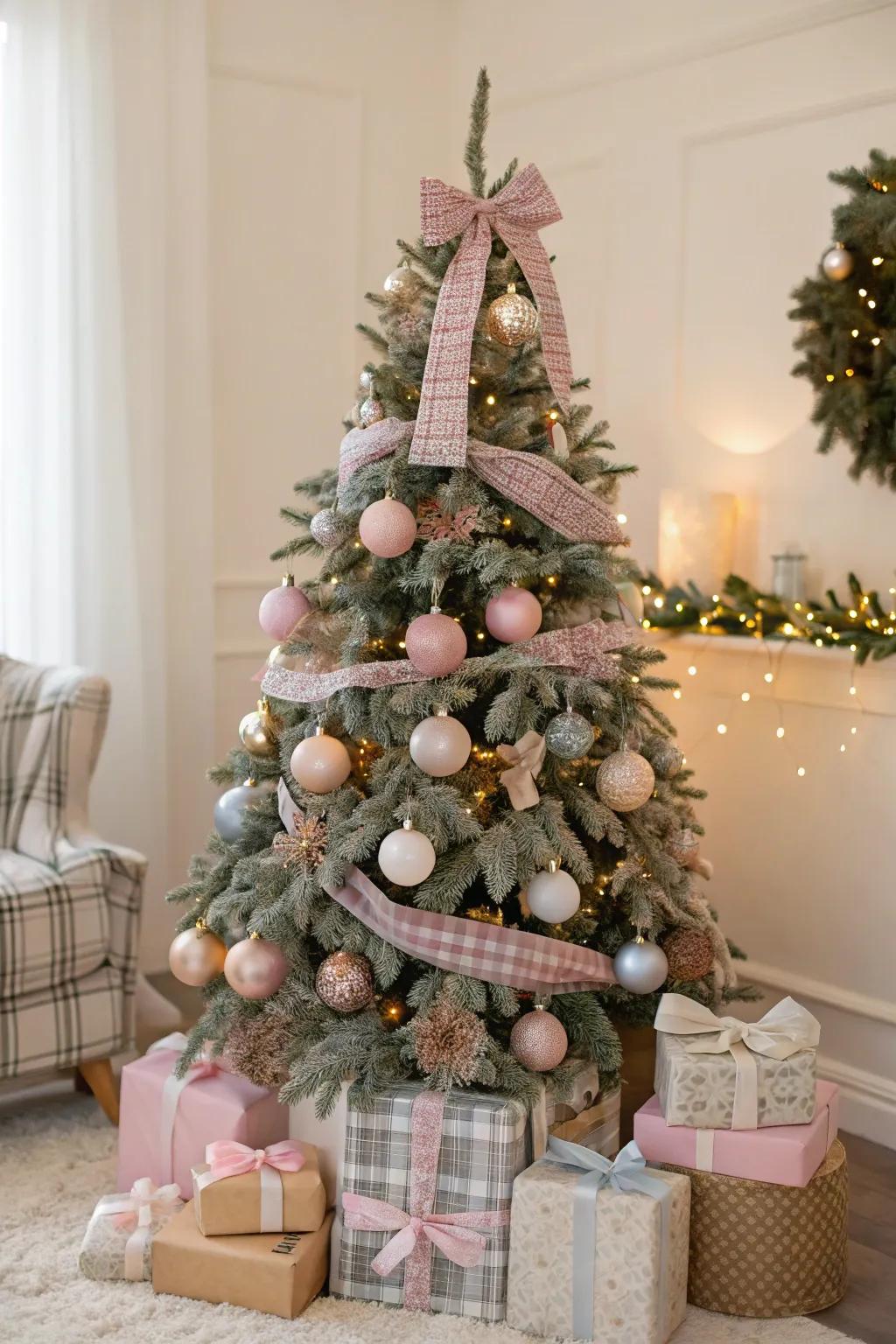 A preppy Christmas fir adorned with pastel and checkered decorations.