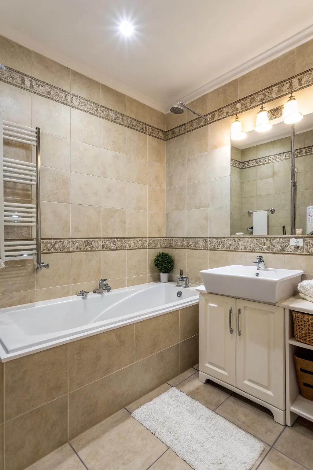 Neutral shades proffer a soothing and timeless bathing space milieu.