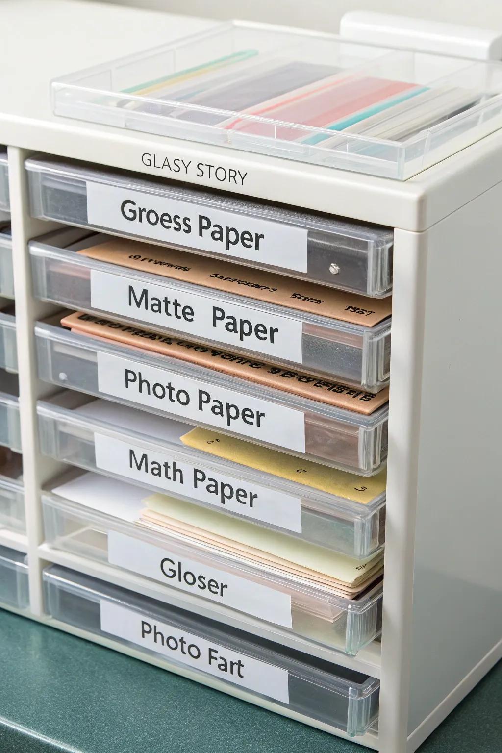 Labeled storage compartments ensure efficient paper management.