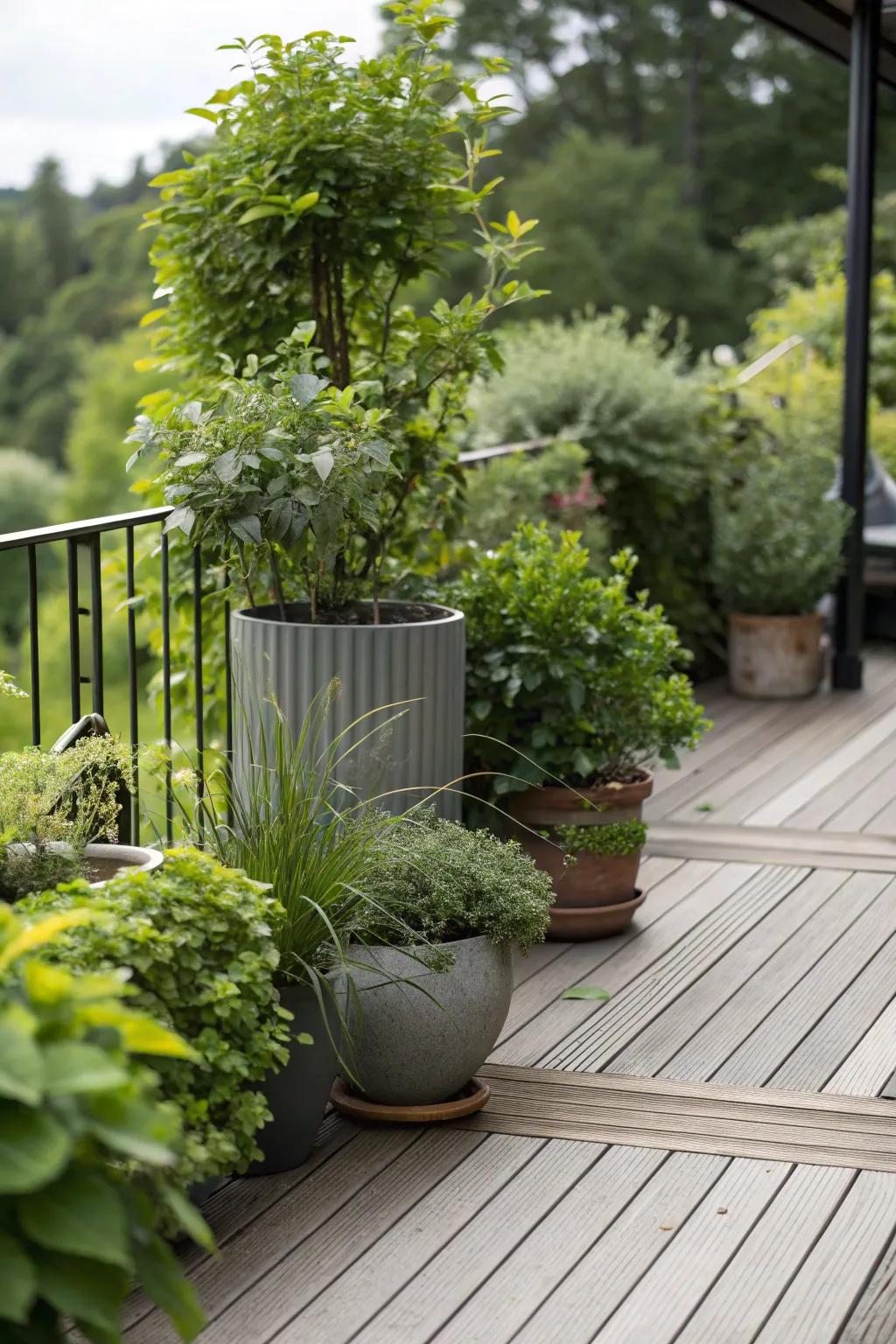 Strategically positioned potted greenery fashion a secluded deck corner.