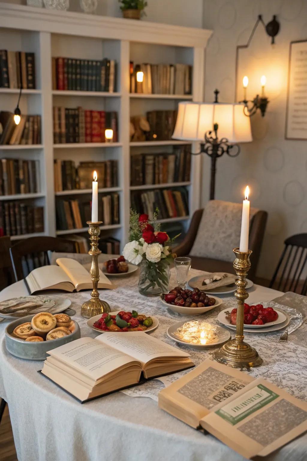 A dining arrangement inspired by classic literature, showcasing books and themed décor to complement the dishes.