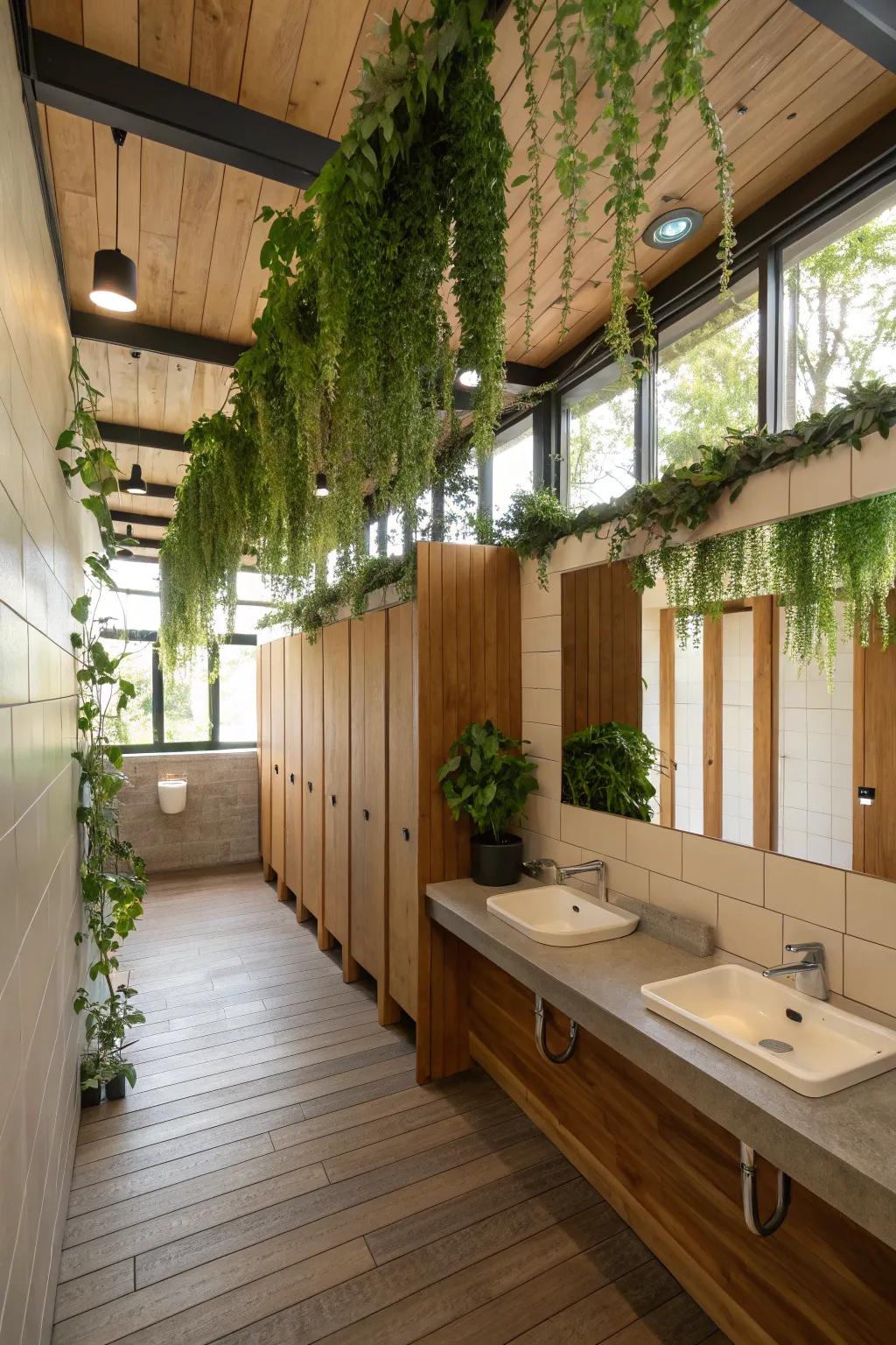 Natural details impart a refreshing and soothing touch to public restrooms.