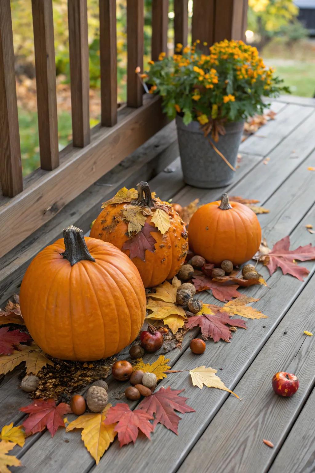 Pumpkins decorated with nature's best: leaves and acorns.