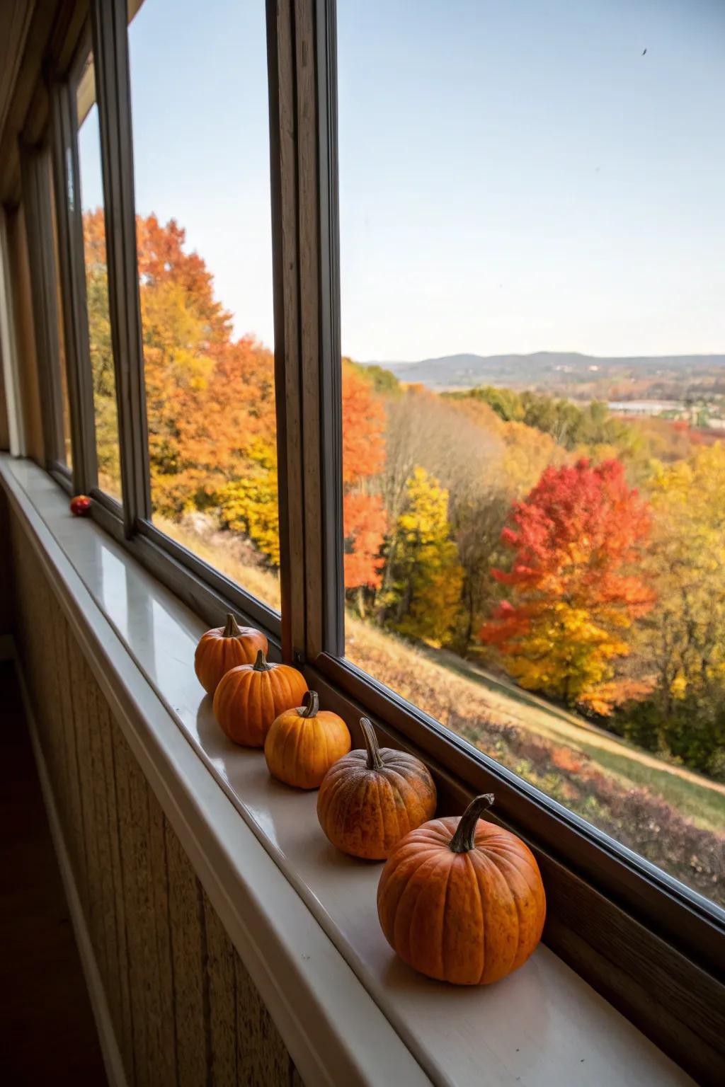 A charming window sill enhanced with petite pumpkins.