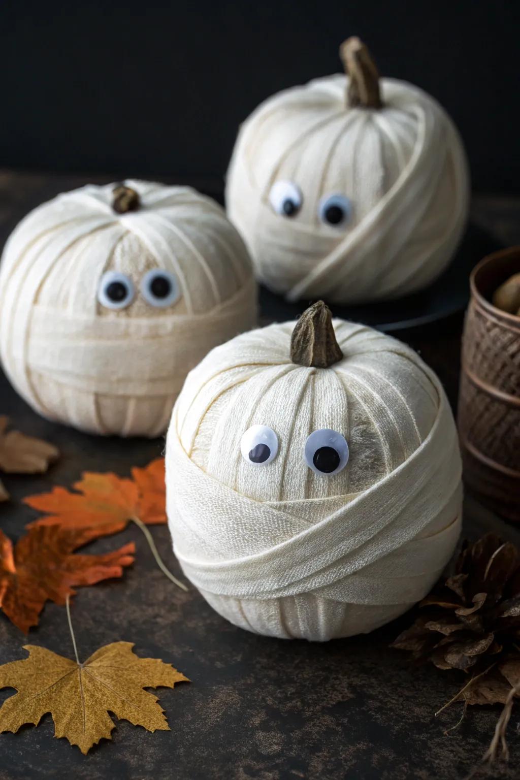 Bandaged figure pumpkins provide a delightful, no-carve decoration alternative.