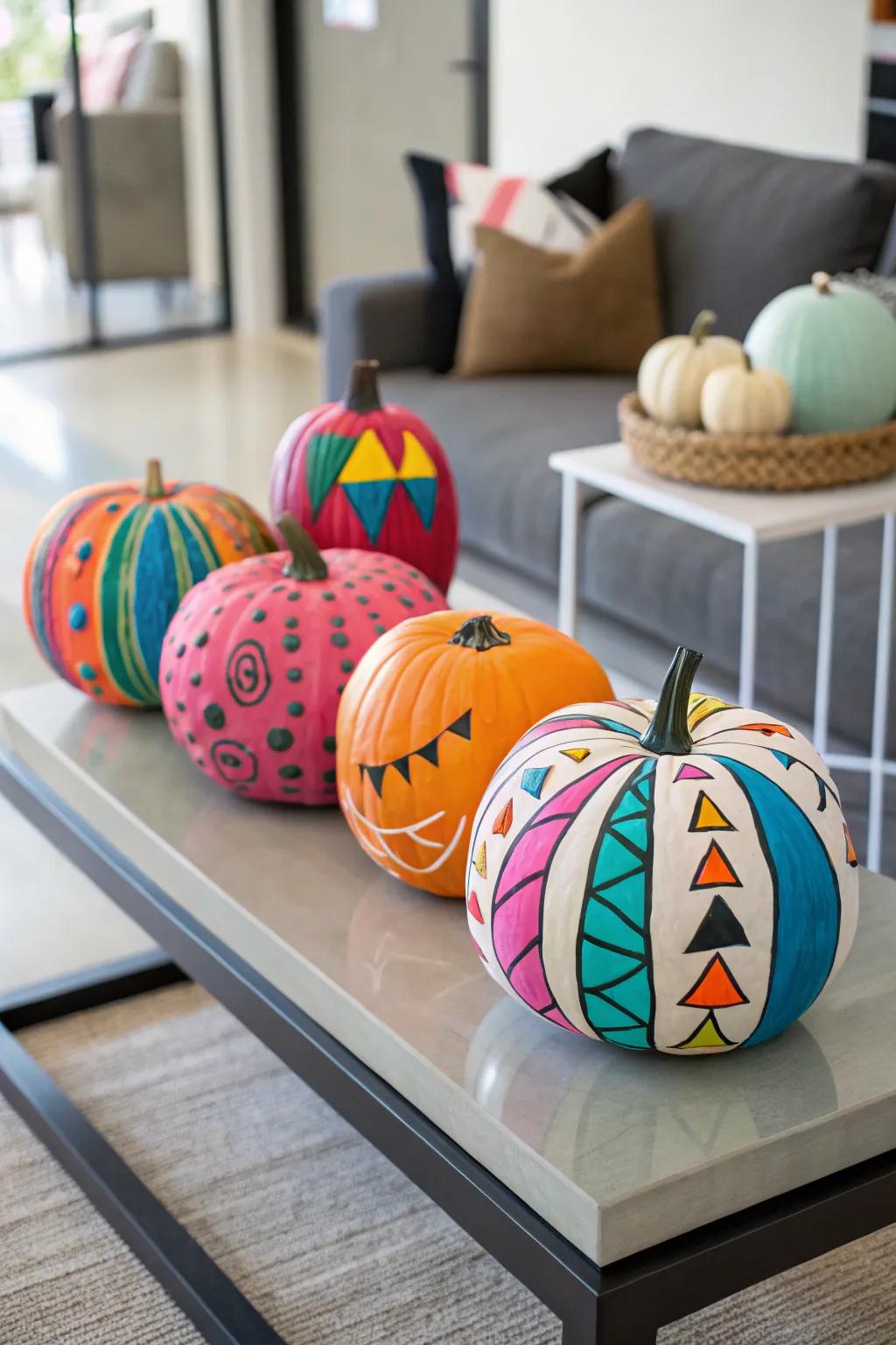 Vibrantly painted gourds showcasing bold designs.