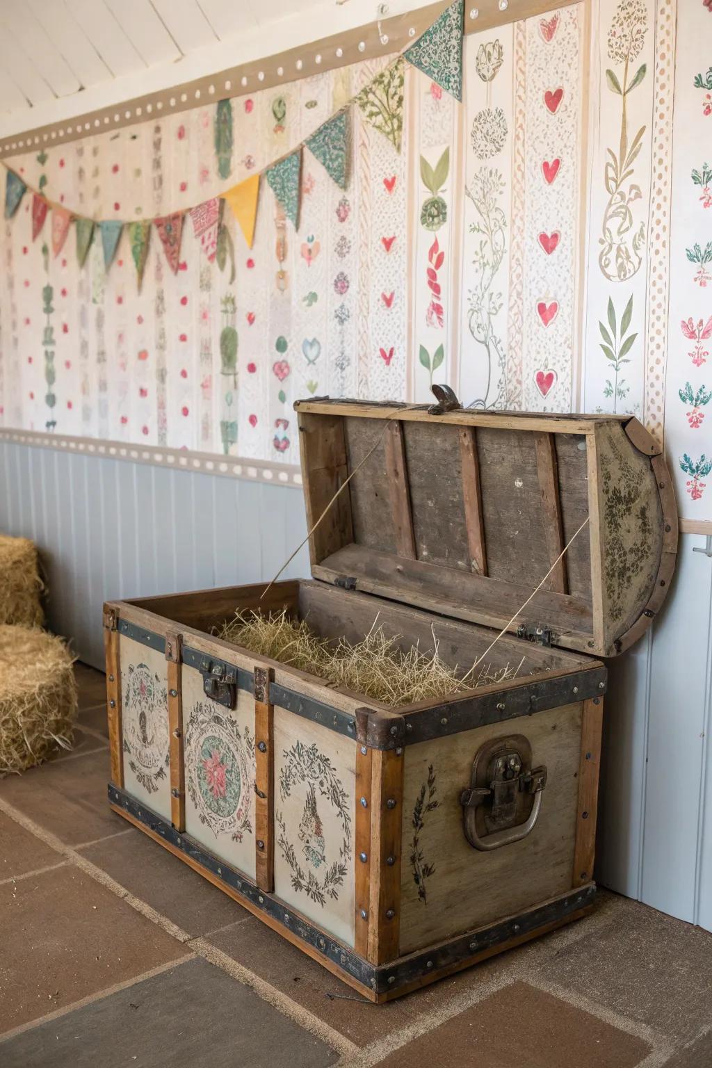 A vintage trunk serves as both practical storage and a stylish decor statement.