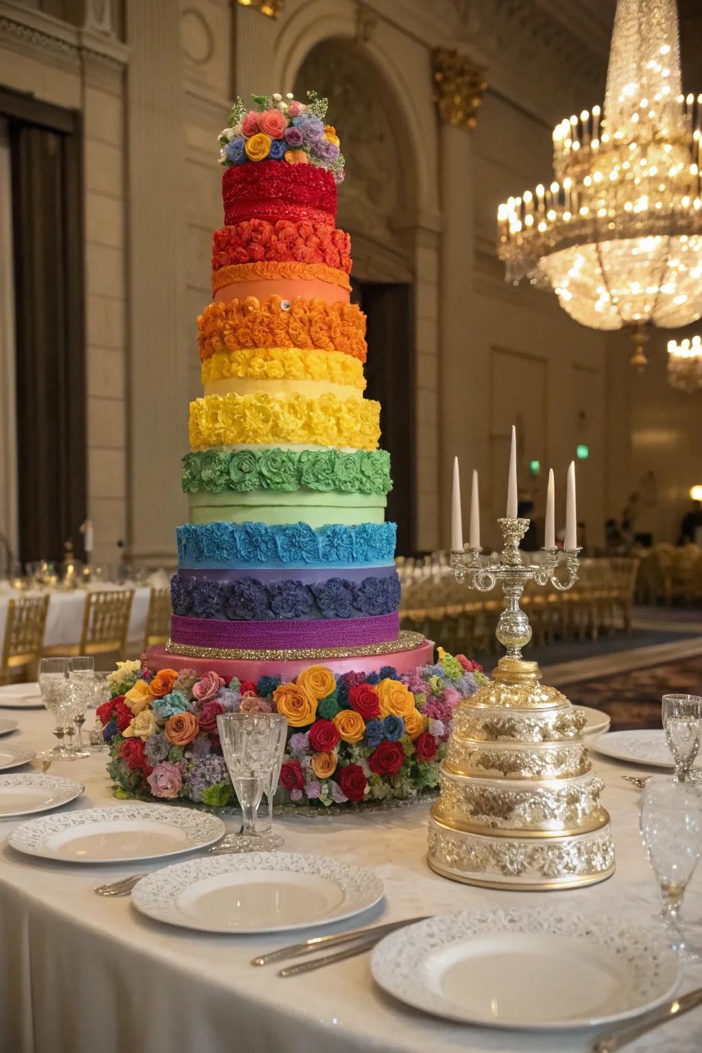 A multi-tiered spectrum confection establishes a breathtaking focal point.