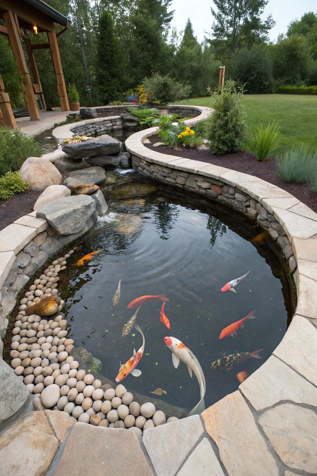 A distinctively formed raised koi pond that mesmerizes.