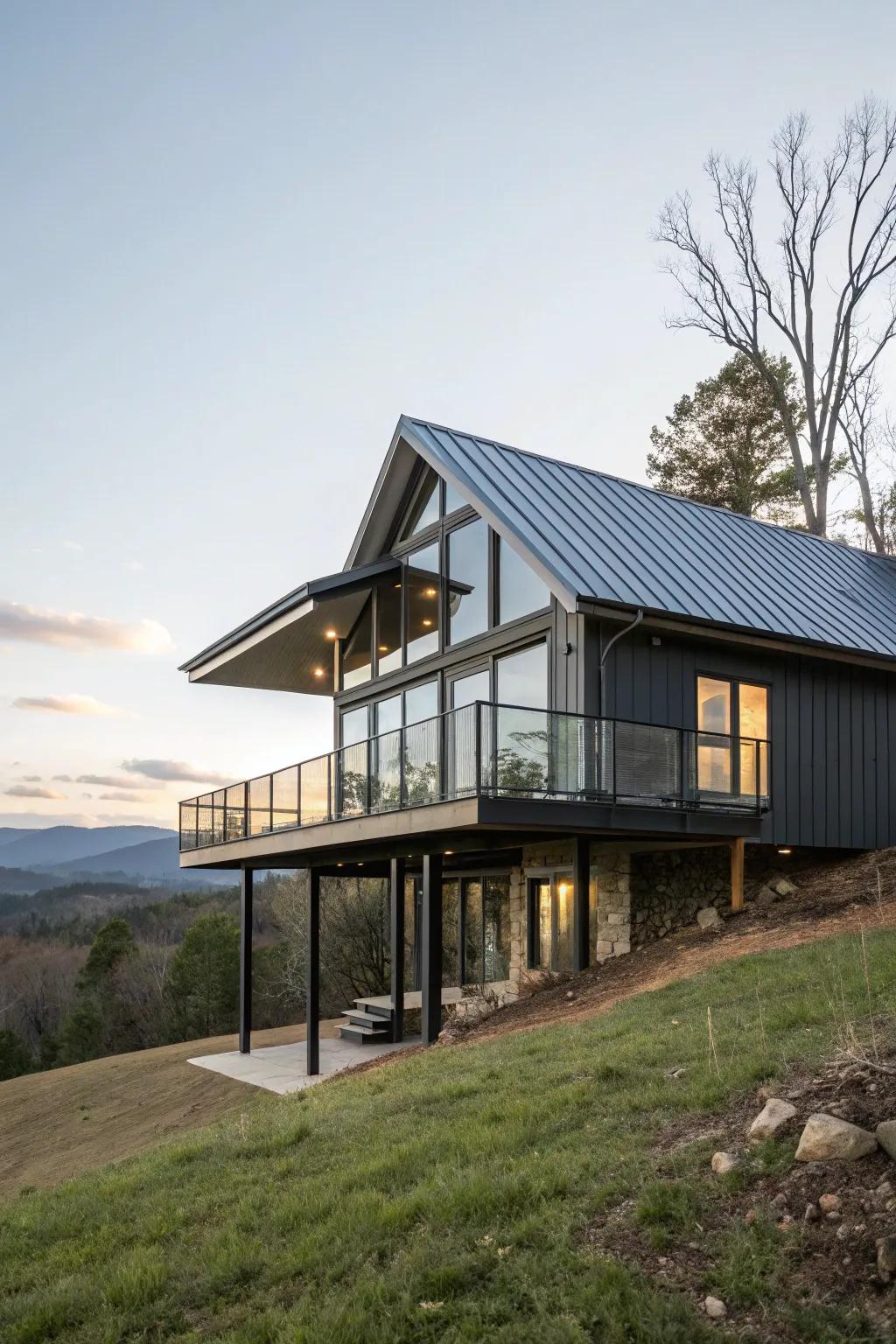 A raised ranch highlighting a streamlined metallic roof for a modern architectural impression.