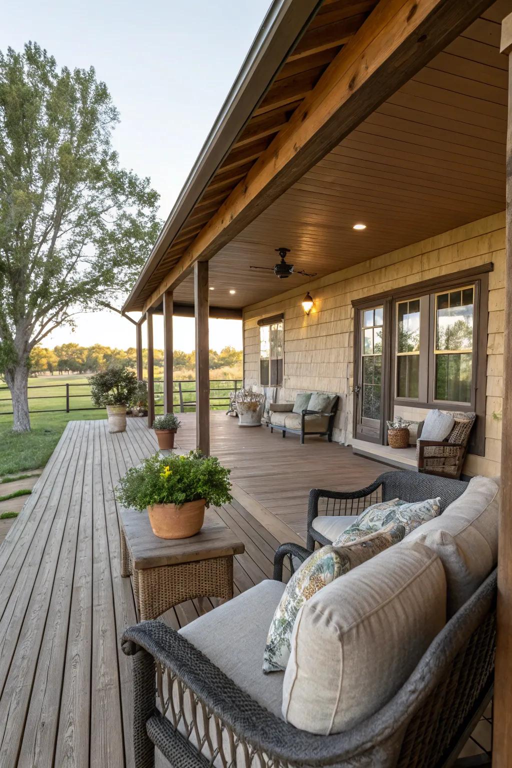 A wooden covered area provides a perfect spot for relaxation at this ranch home.