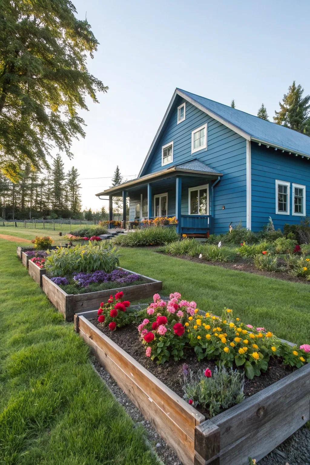 Striking azure siding makes this ranch-style house a standout.