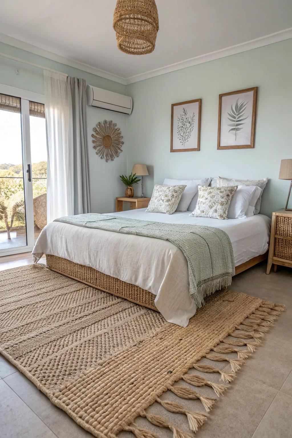 A rattan rug adds texture and warmth to your bedroom floor.