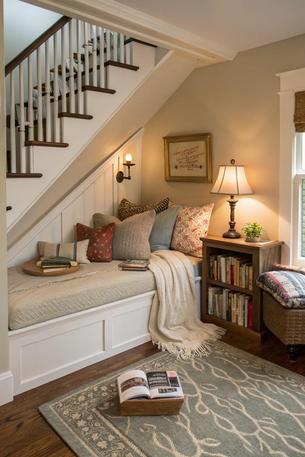 A hidden reading nook under the stairs, suitable for quiet moments.