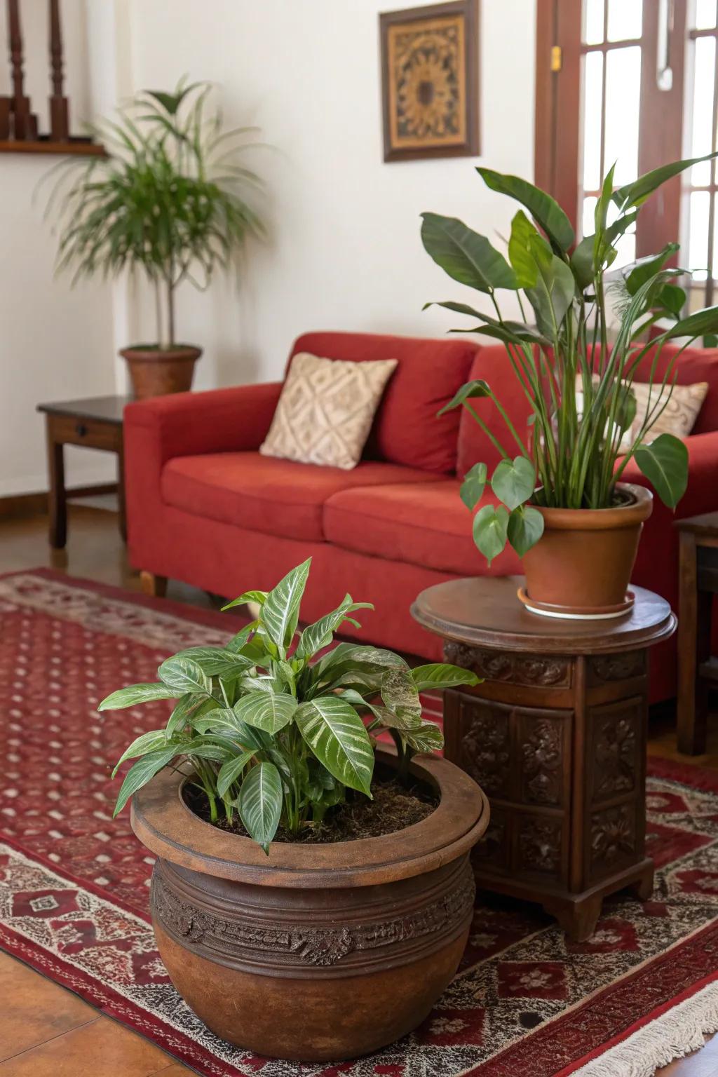 Verdure introduces a refreshing contrast to a scarlet and chestnut color scheme.