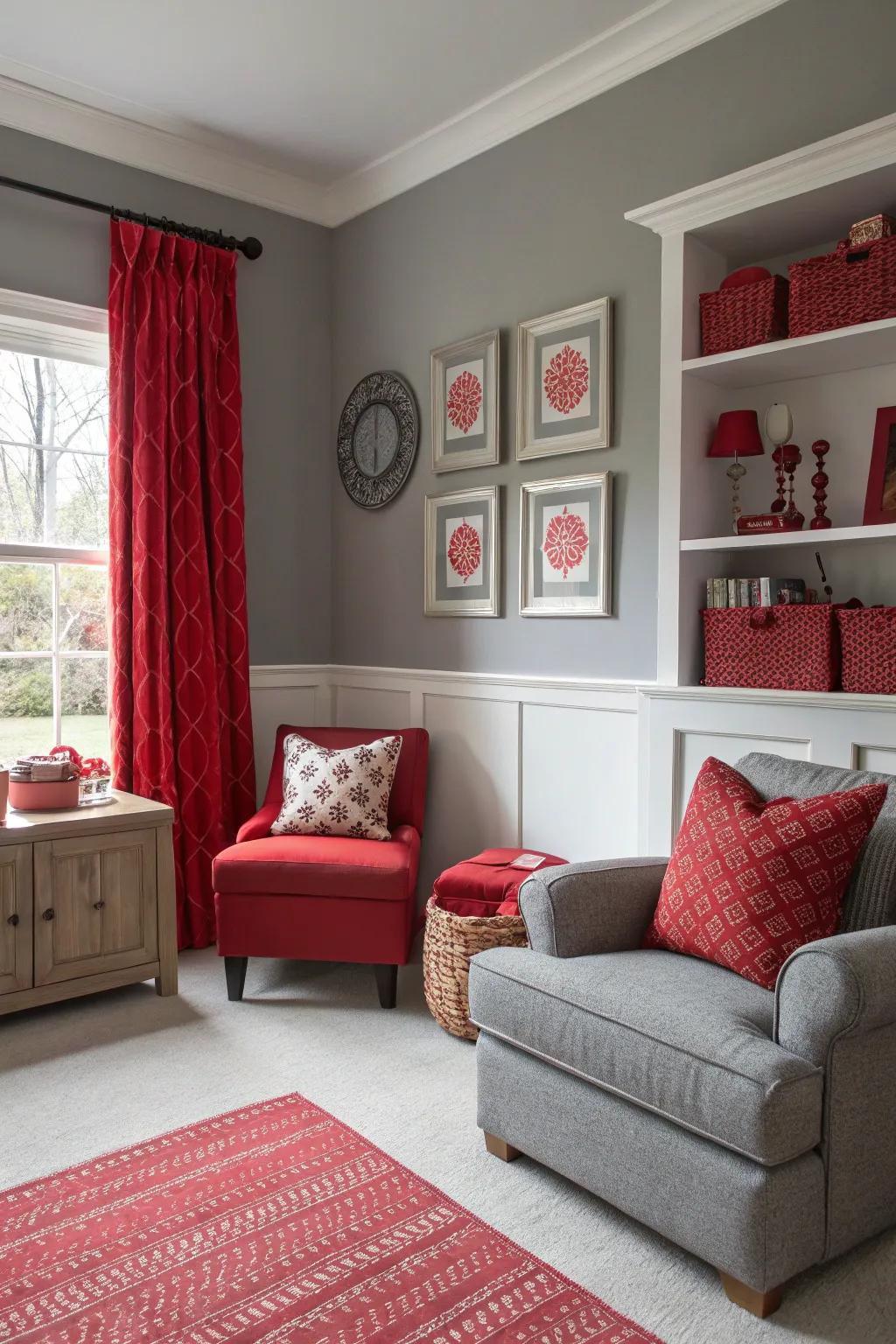 A room employing a grey foundation with vibrant crimson accents.