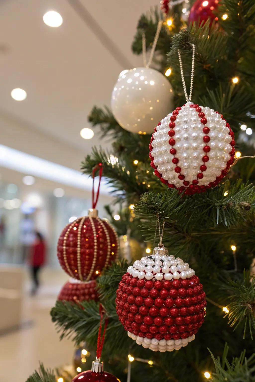 Celebratory embellishments fashioned with scarlet and ivory beads.