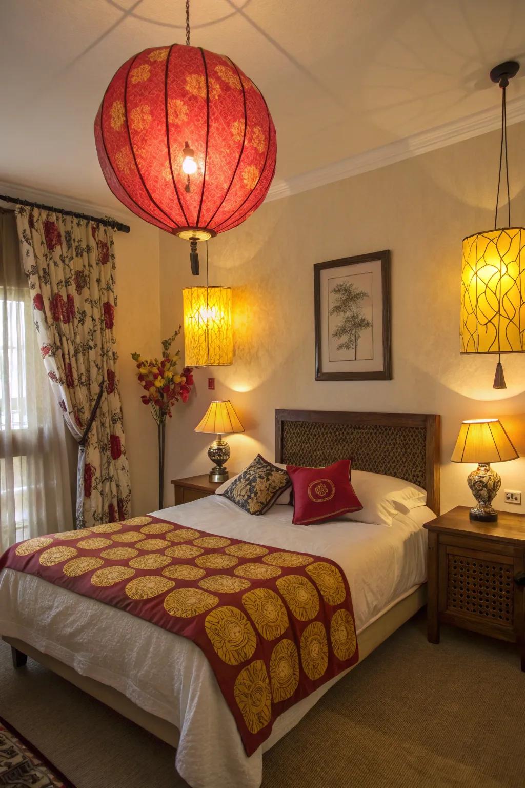 Amber lighting enhances the cozy vibe in this bedroom decorated with reds and yellows.