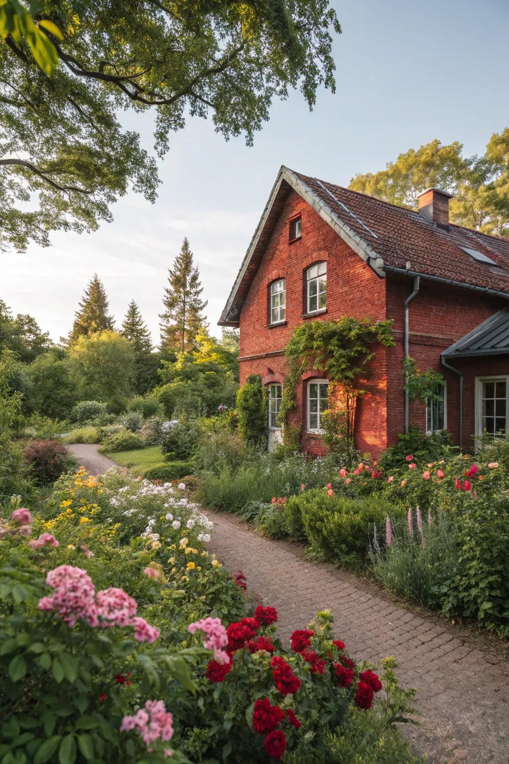Lush landscaping elevating the inviting presence of a red brick home.