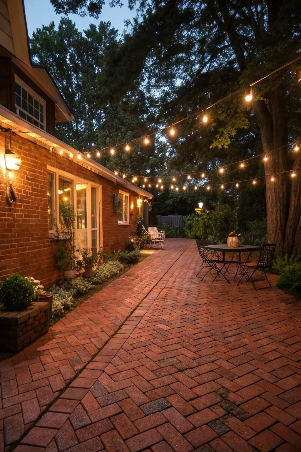 A red brick patio gorgeously lit with fairy lights