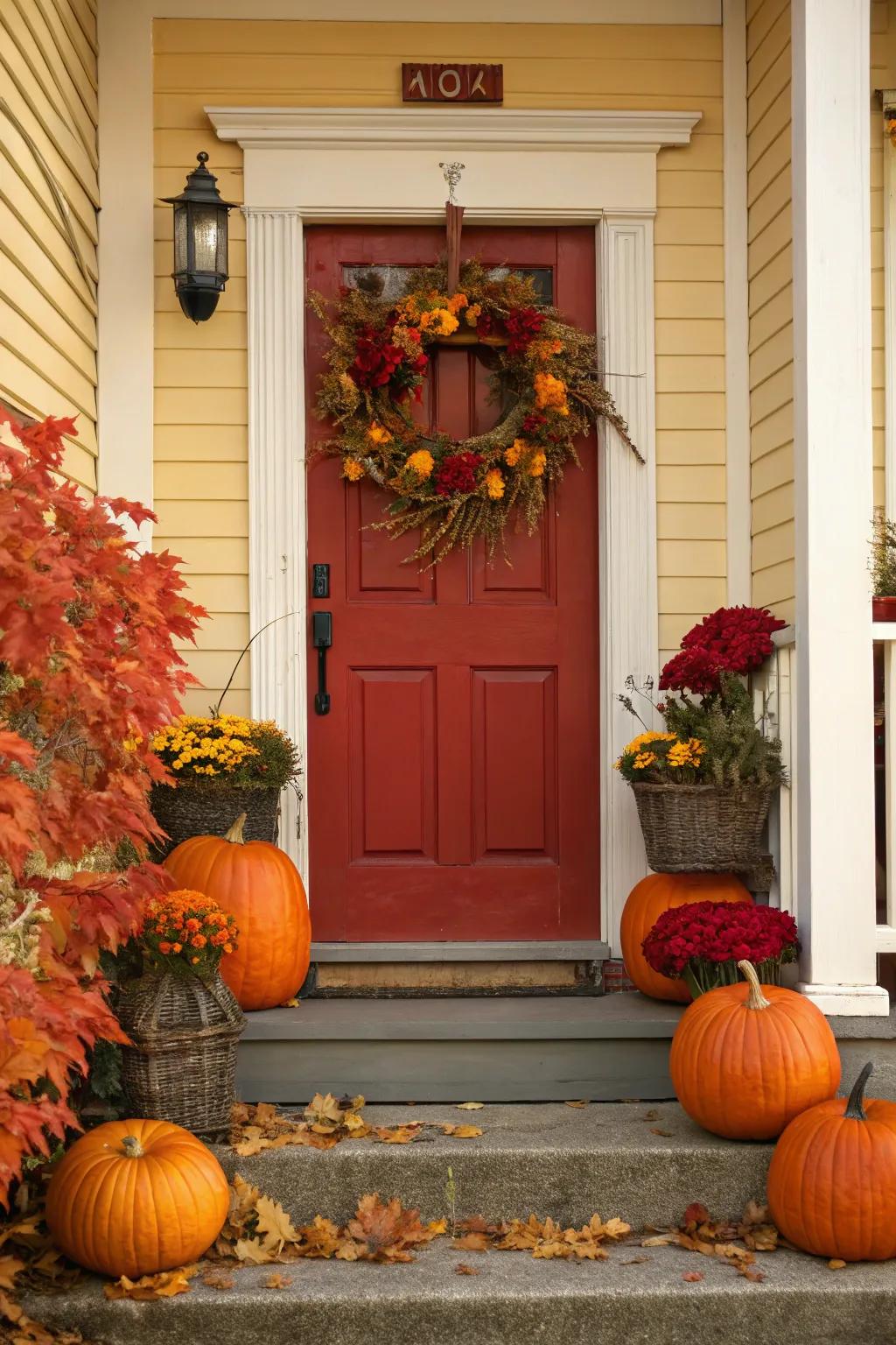 Crimson door adorned with seasonal autumn decorations.
