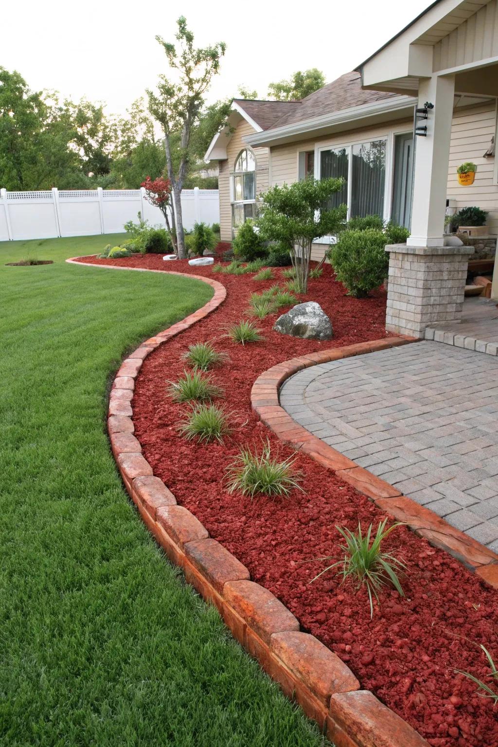 Decorative vibrant mulch borders provide a polished and tidy garden look.
