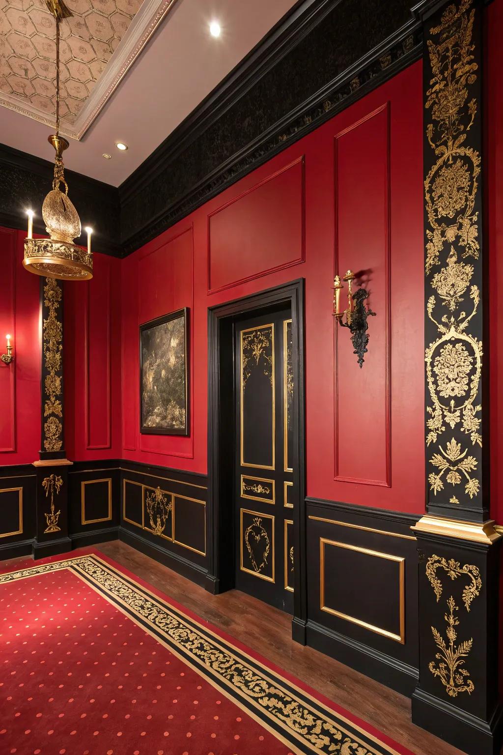 A refined space where red meets understated and darker shades, which creates a balanced design.