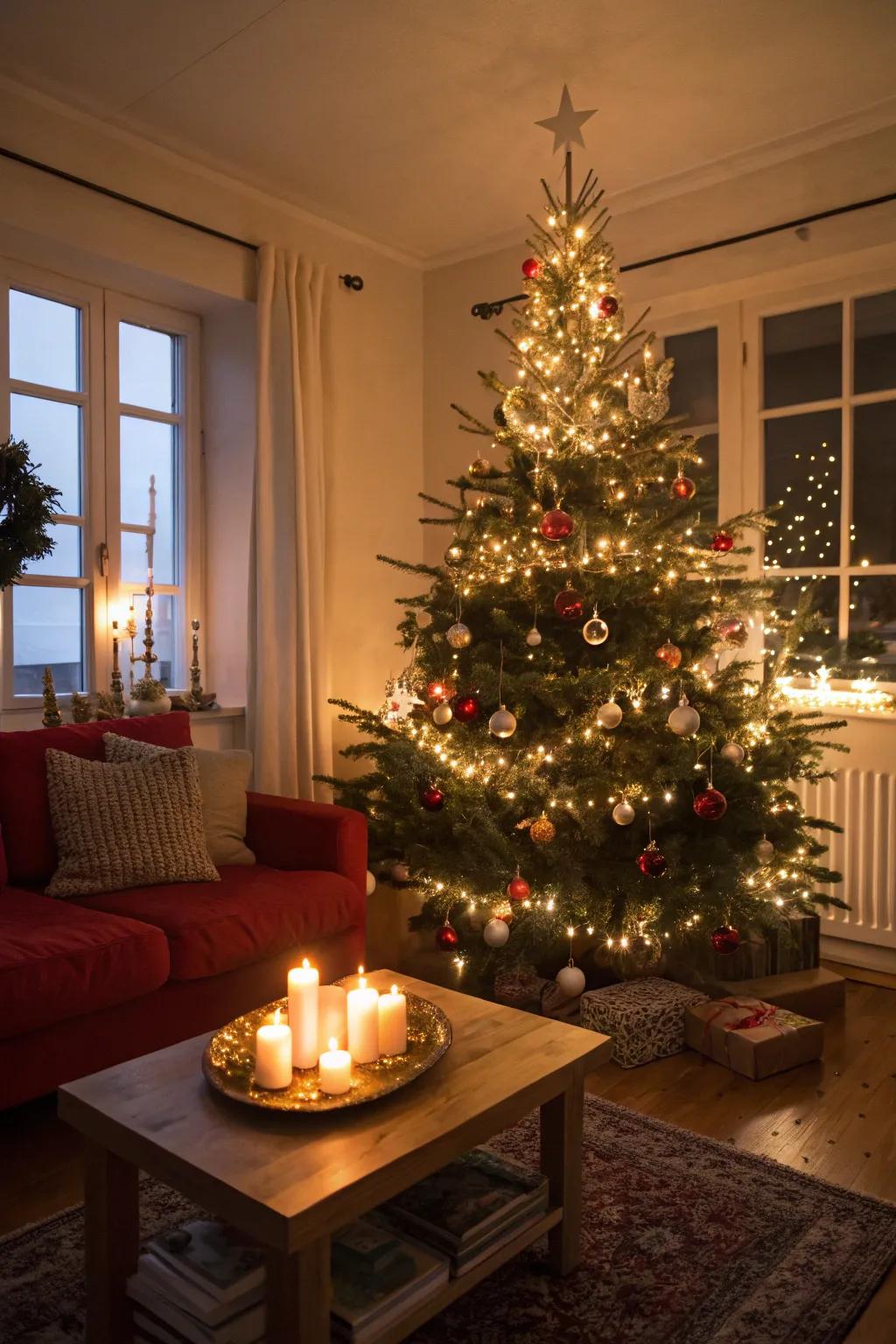Layered illumination accentuating the snug ambiance of the tree.