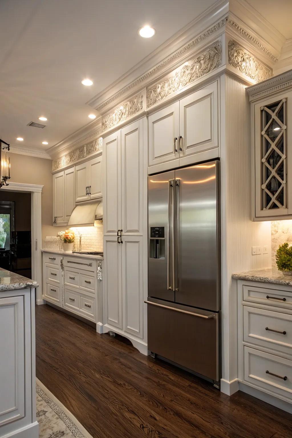 Crown molding surrounding your refrigerator provides a subtle, refined touch to the kitchen.