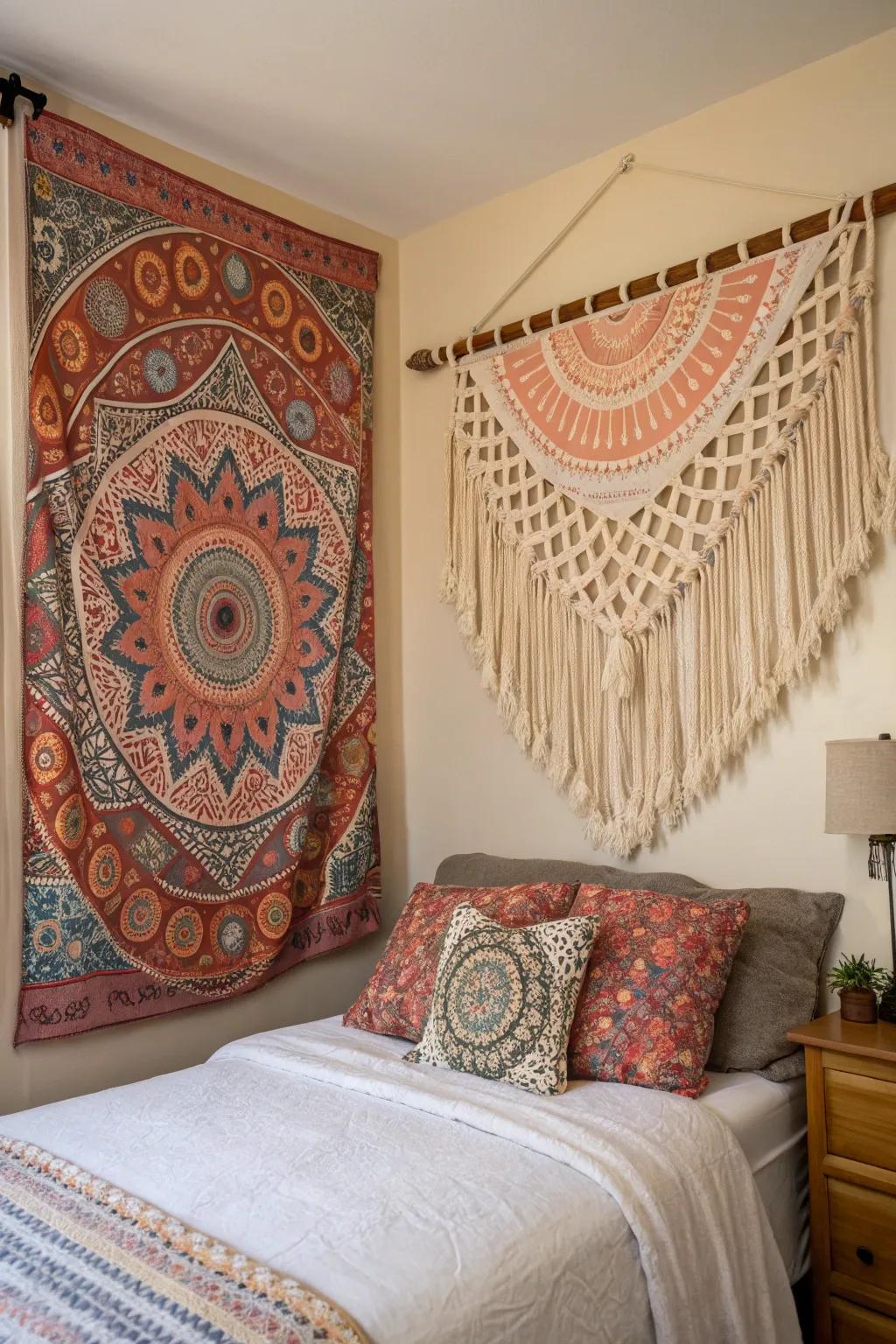 Add warmth and texture with fabric wall hangings.