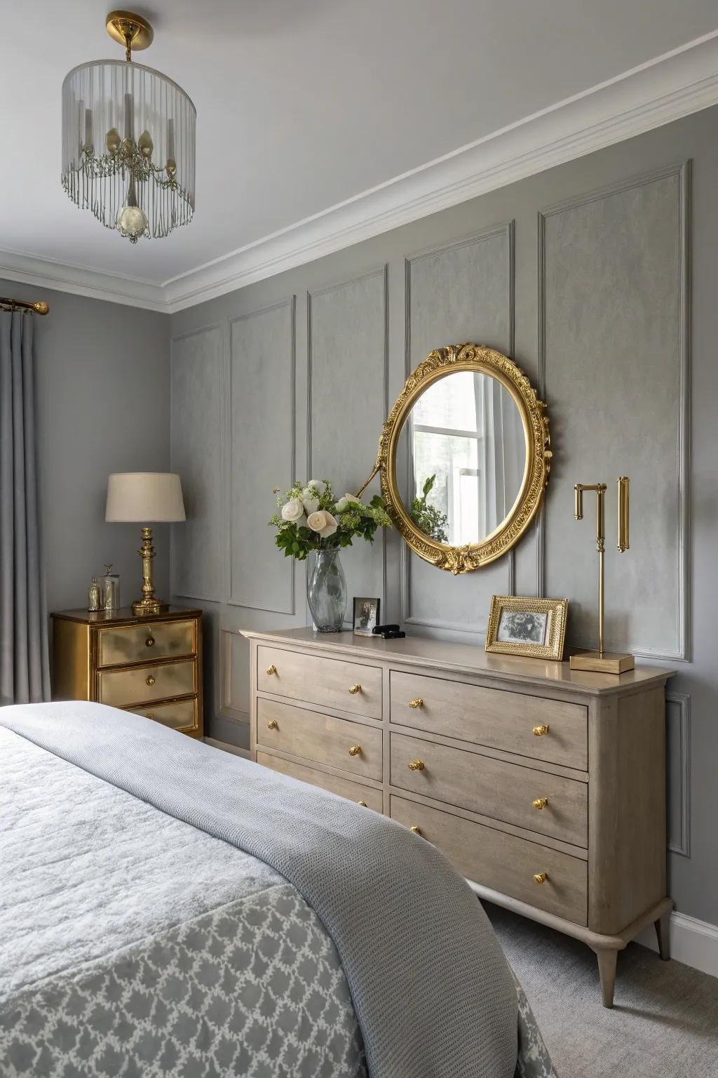 Metallic accents contribute a hint of elegance to a repose gray bedroom.