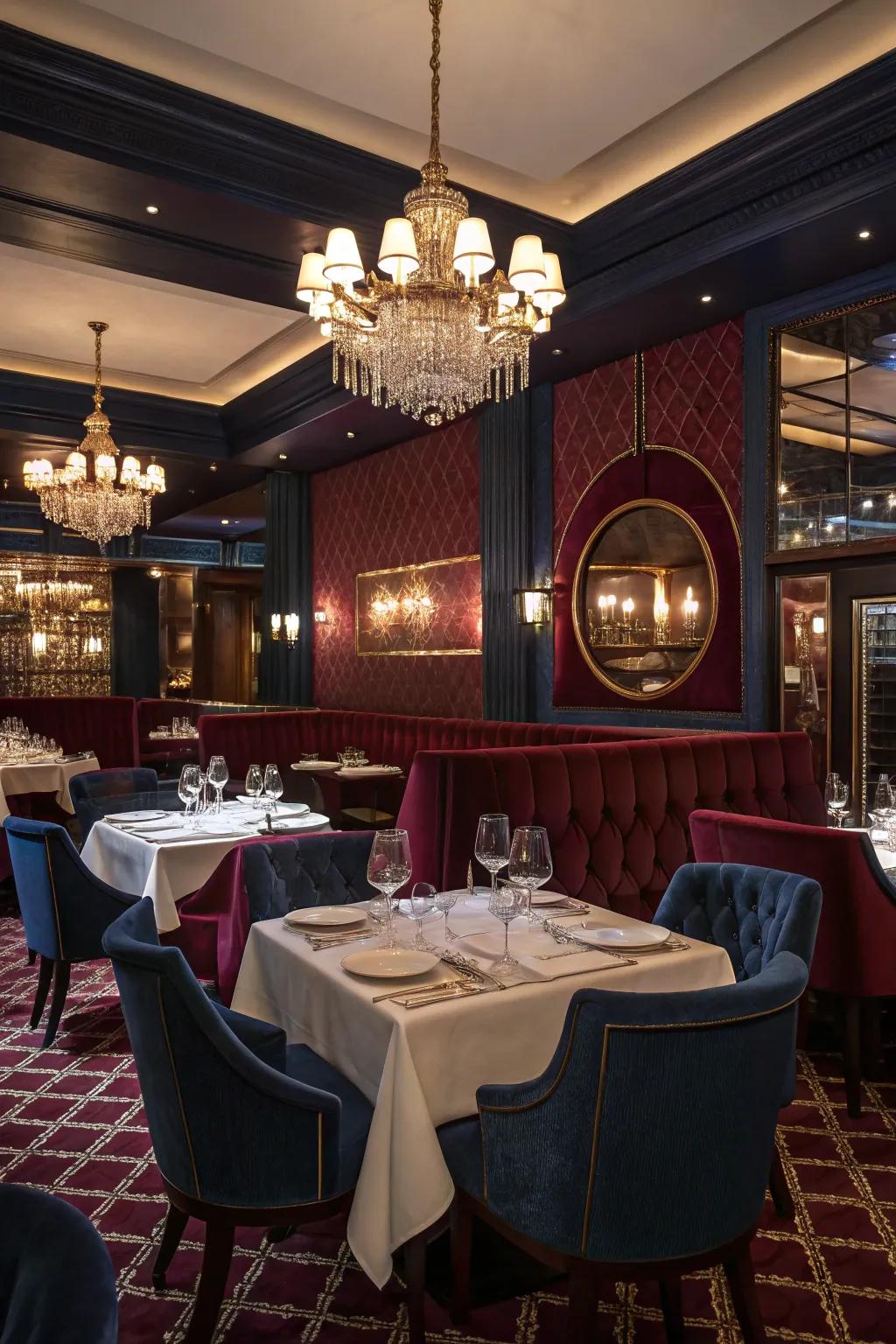 A sophisticated restaurant draped in burgundy and navy, an intimate haven of elegance.