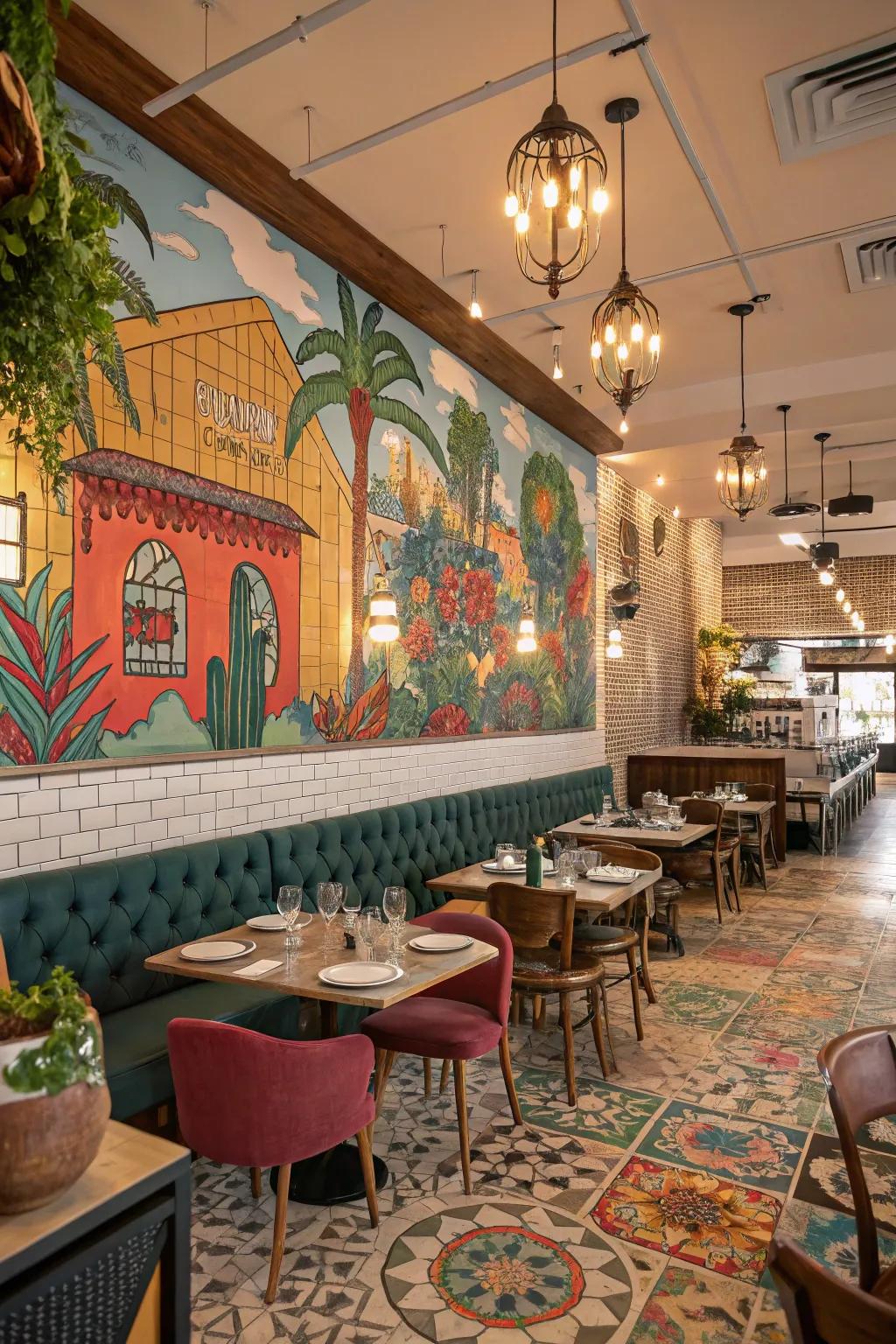 Artistic touches introduce personality and visual interest to restaurant settings.