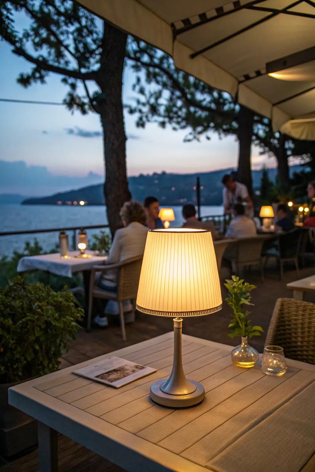 A cordless table lamp enhances a restaurant patio table in an outdoor environment.