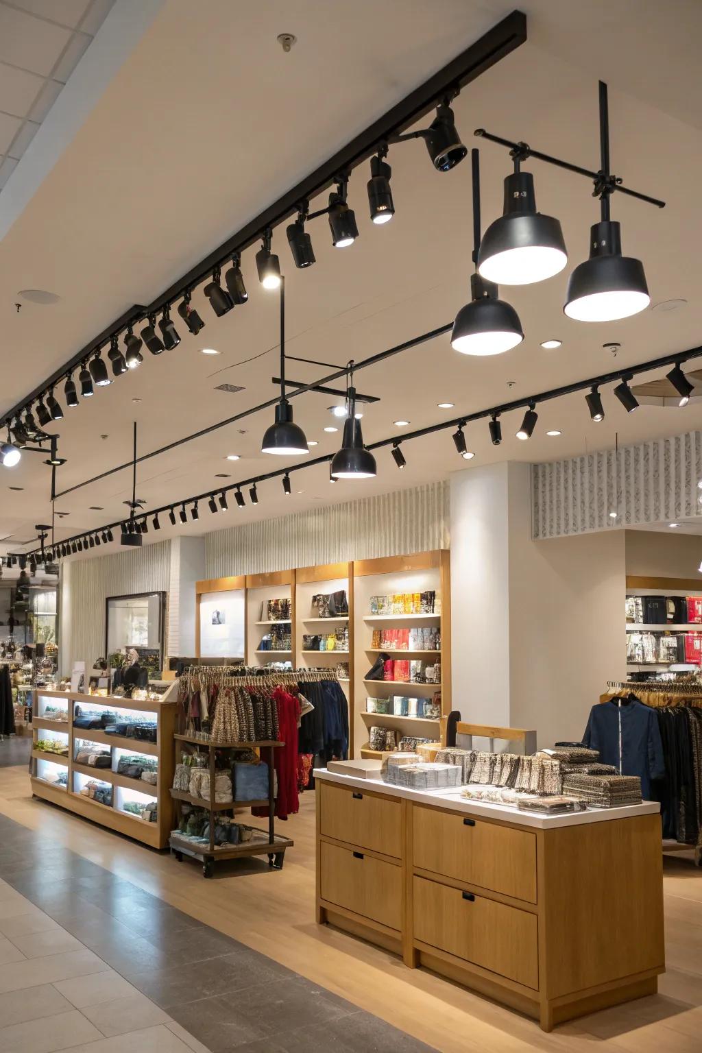 Track lighting delivering versatility in showcasing store locations.