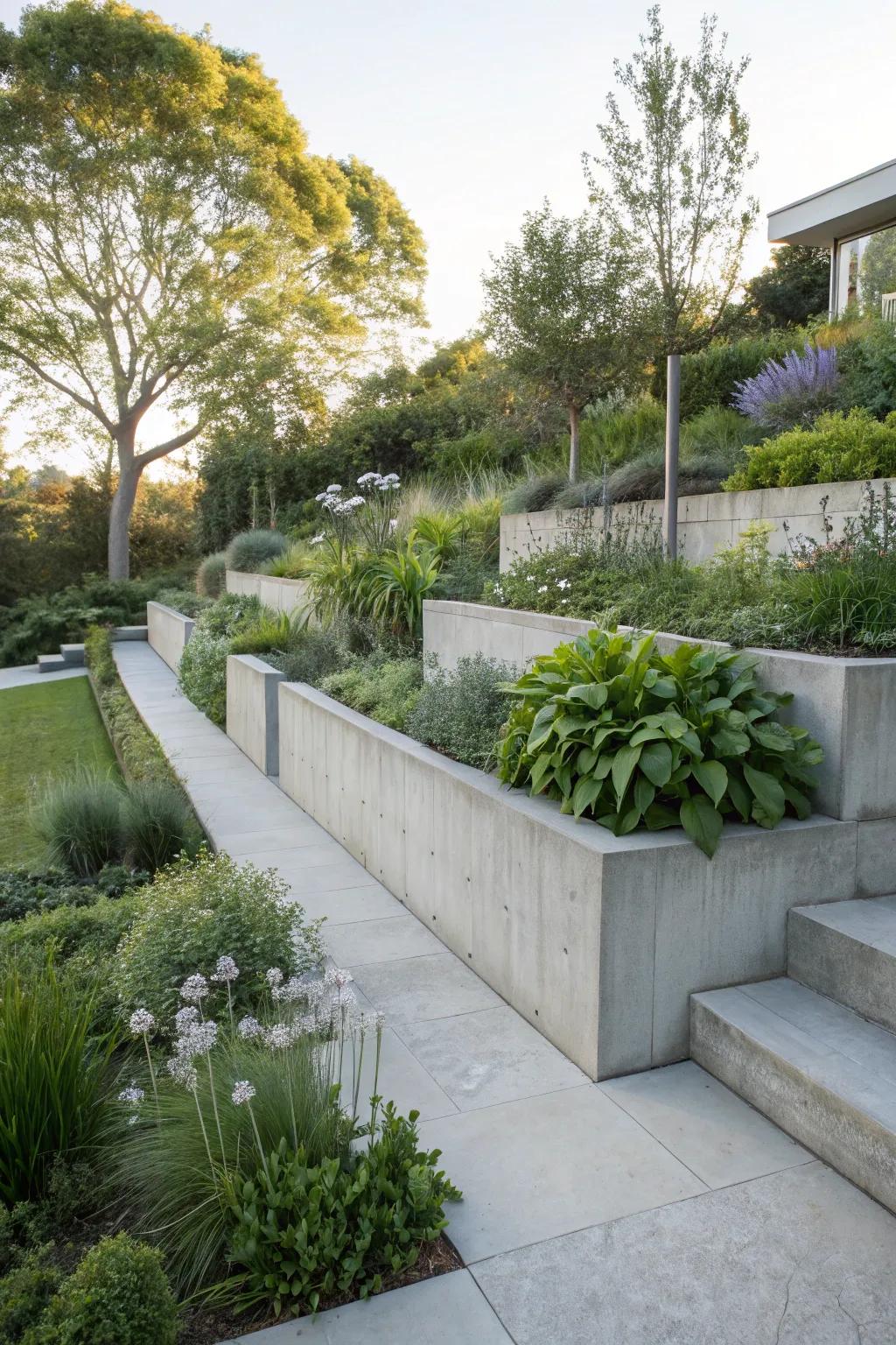 Concrete walls epitomize a sleek, contemporary aesthetic.