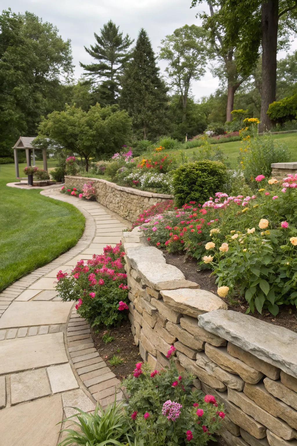 Piled stones establish a sophisticated boundary around a vibrant garden bed.