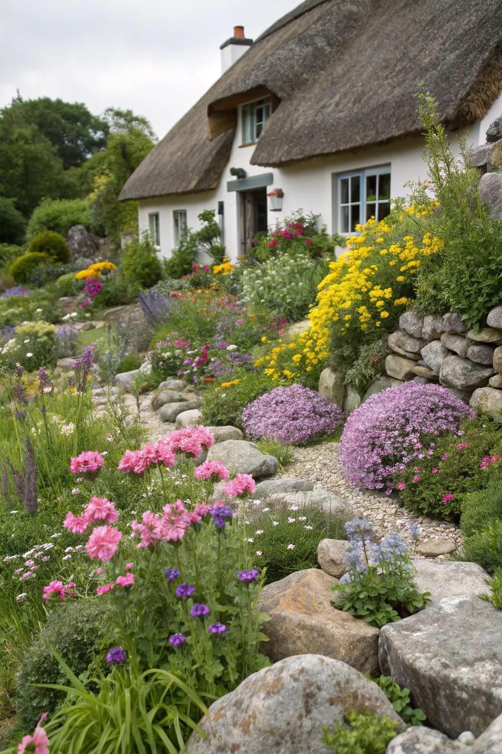 A fusion of boulders and flora fashions a picturesque cottage garden.