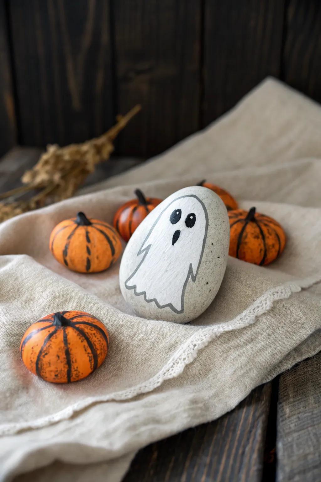 Enhance your Halloween decorations with minimalist stone art that captures the spooky essence in a simple, natural way.