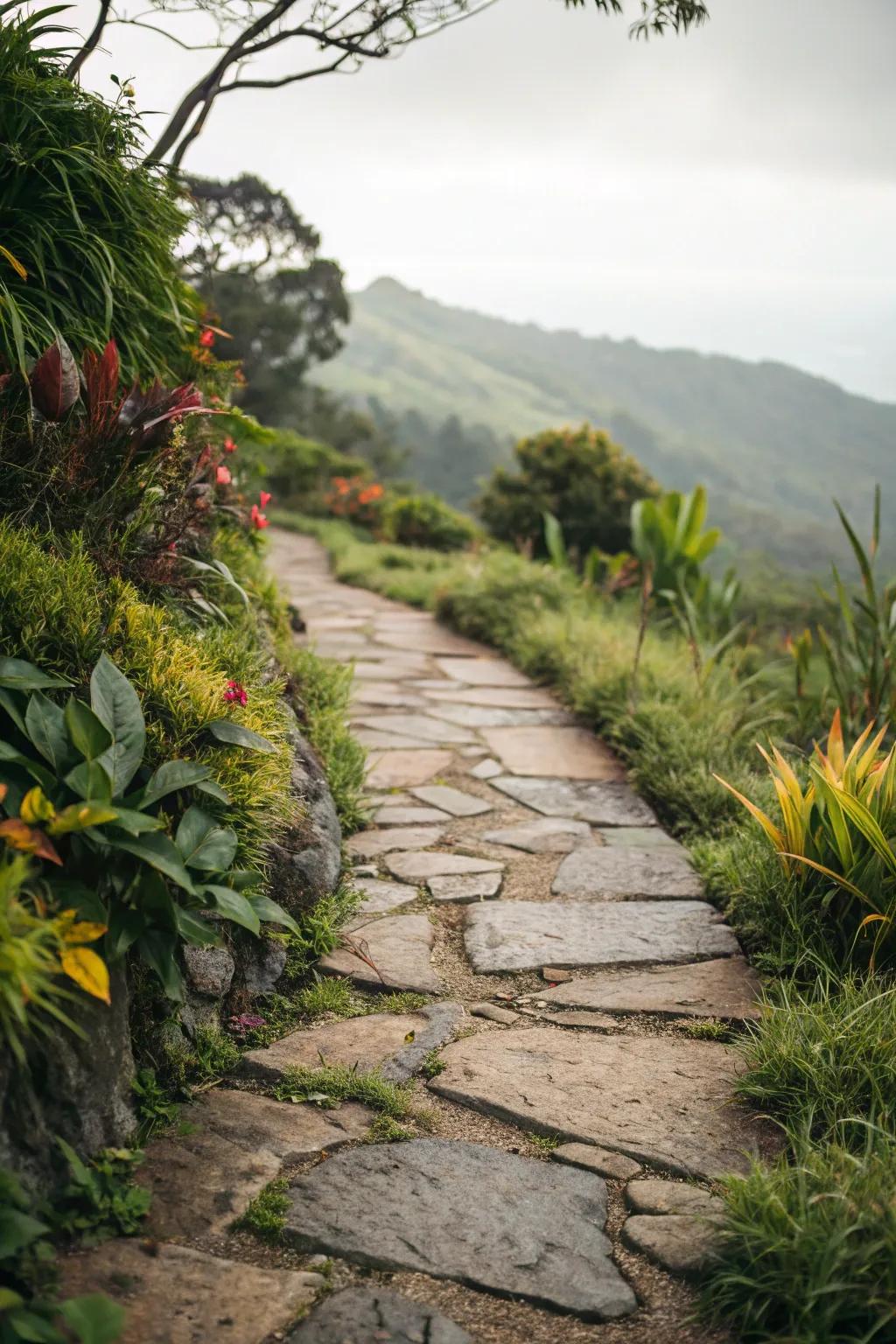 Plants adjacent to the walkway impart a rich and welcoming atmosphere.