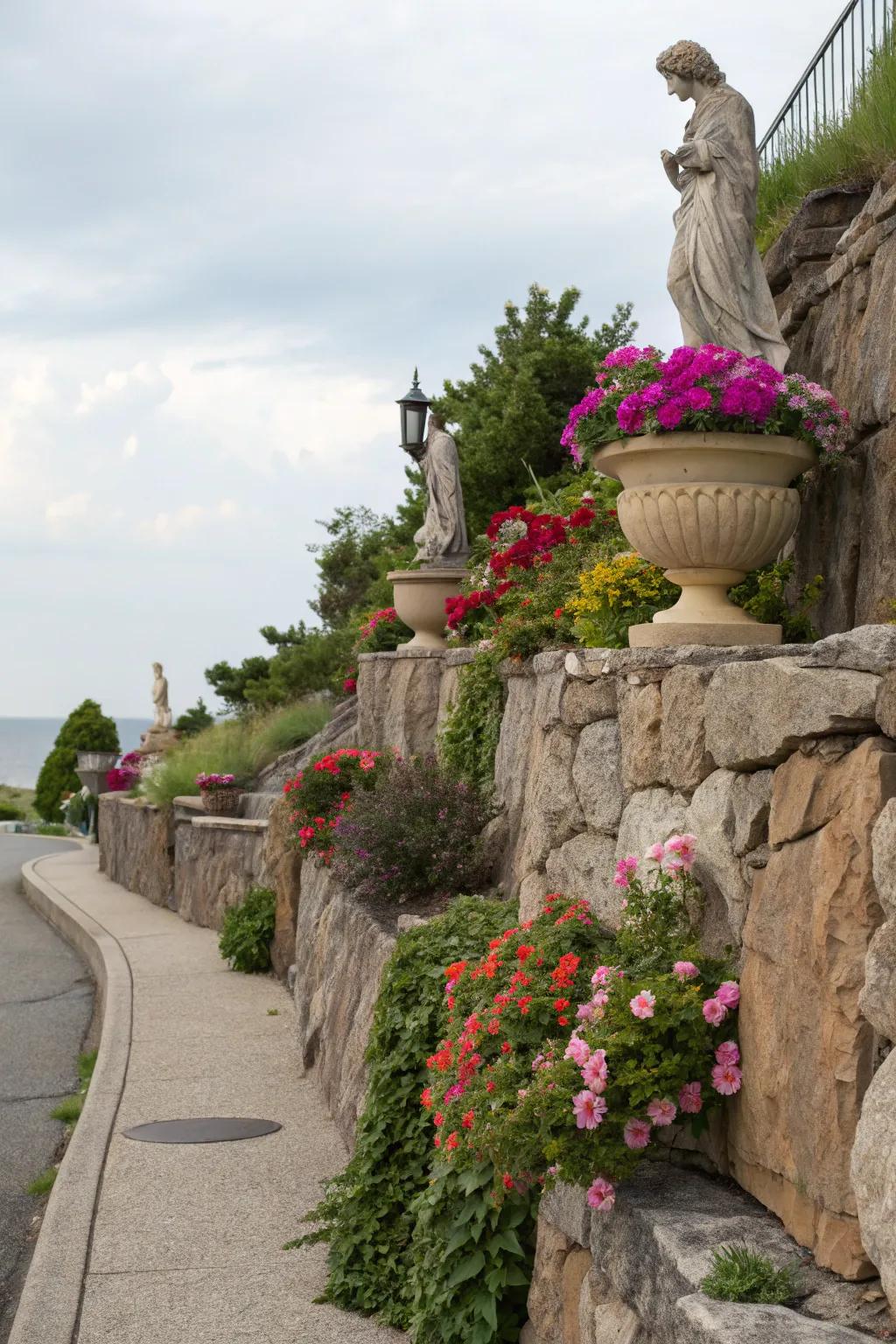 Ornamental figures such as statues and vessels lend charm to stone structures.