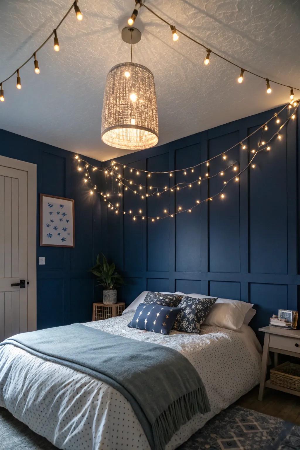 Ornamental lighting injects a romantic glimmer into your deep sea blue bedroom.